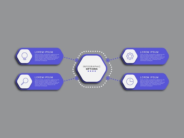 Modello infografico moderno con quattro elementi esagonali viola su sfondo grigio