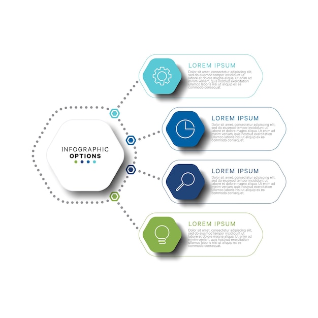 Modern infographic template with hexagonal realistic elements in flat colors on a white background