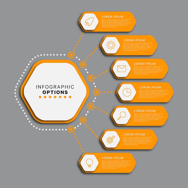 Modern infographic template with seven orange hexagonal elements on a gray background