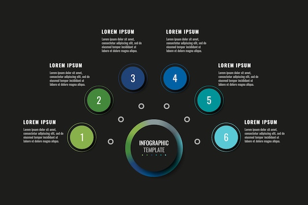 Modello di infografica moderno con sei elementi realistici rotondi su sfondo nero