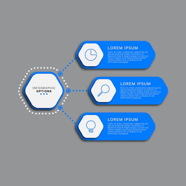 Modello infografico moderno con tre elementi esagonali blu su sfondo grigio