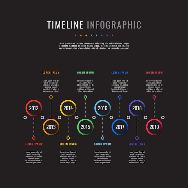 黒の背景に8つの丸い現実的な要素を持つモダンなインフォグラフィックタイムラインテンプレート