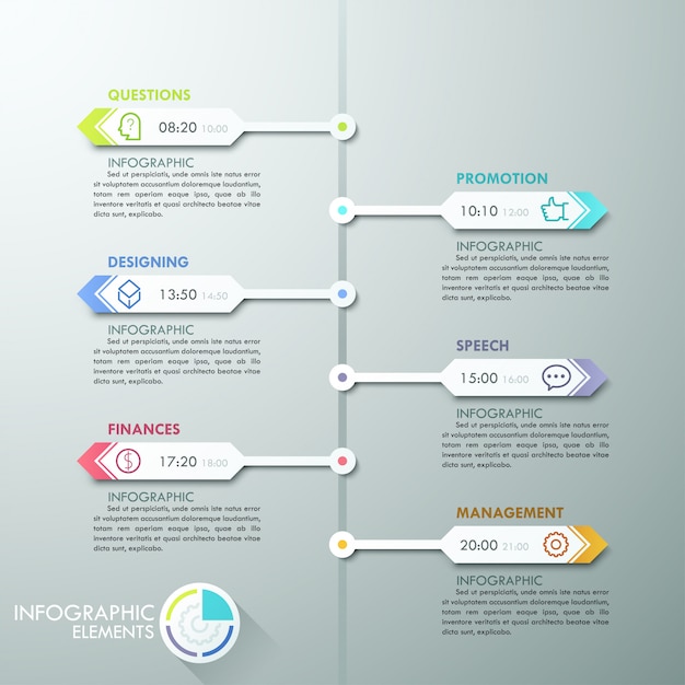 Cronologia infografica moderna con frecce di carta