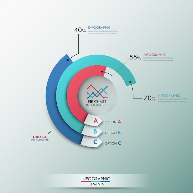 Modern infographics options template with 3 pie charts