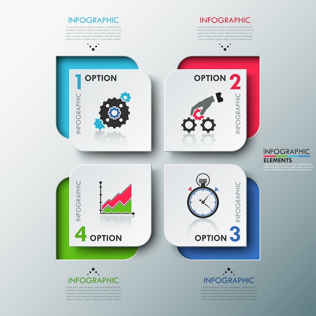Modello di opzioni infografica moderna con fogli di carta