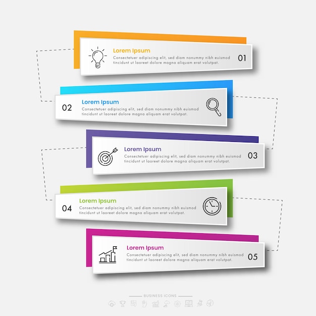 Modern infographics template with 5 paper label options and thin line business icons