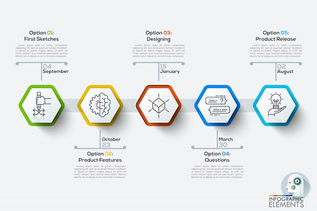 Modern infographics timeline template with 5 white polygons.