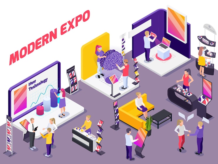 Vector modern innovative technology products exhibition show promotion stands with visitors assistants potential buyers isometric composition