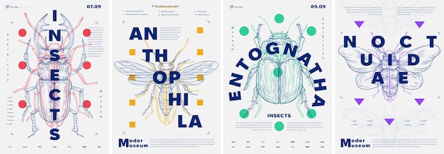 Modern insects posters set bug beetle and butterfly minimalistic creativity and art biology and