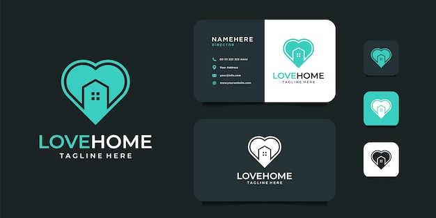 Il design moderno del logo della casa d'amore ispiratore con il logo vettoriale del biglietto da visita può essere utilizzato per il modello di san valentino della casa di identità del marchio dell'icona e lo scopo dell'azienda