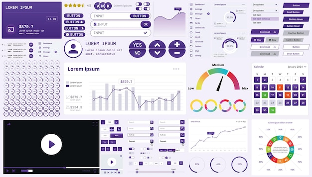 A modern interface kit with buttons graphs and elements for creating web applications and dashboards ideal for business statistics and finance