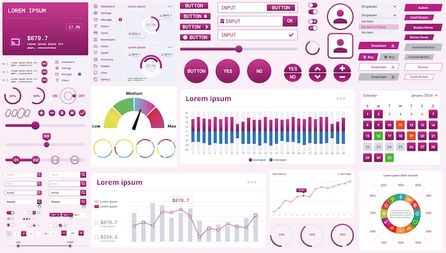 A modern interface kit with buttons graphs and elements for creating web applications and dashboards ideal for business statistics and finance