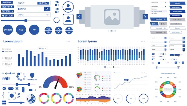 A modern interface kit with buttons graphs and elements for creating web applications and dashboards