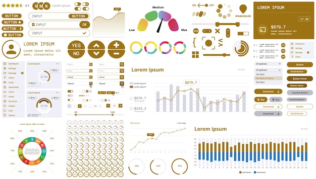 A modern interface kit with buttons graphs and elements for creating web applications and dashboards