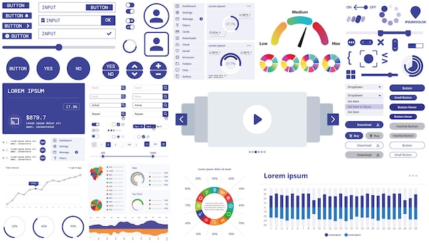 A modern interface kit with buttons graphs and elements for creating web applications and dashboards
