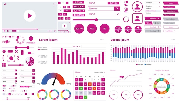 A modern interface kit with buttons graphs and elements for creating web applications and dashboards