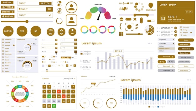 A modern interface kit with buttons graphs and elements for creating web applications and dashboards