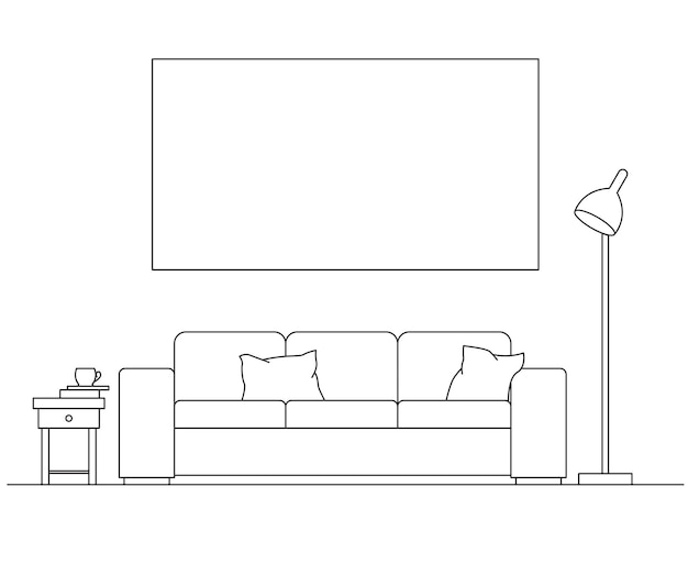Modern interieur Sofa vloerlamp en nachtkastje Frame aan de muur voor montage van uw informatie Vectorillustratie in een lineaire stijl