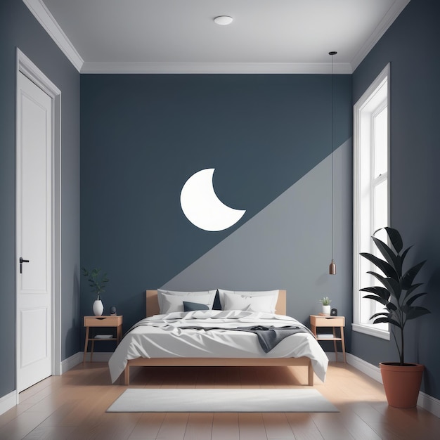 Vector modern interior design of bedroom with empty wall window night view and moon 3d illustration