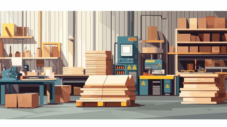 Vector modern interior factory workshop with organized stacks of wood