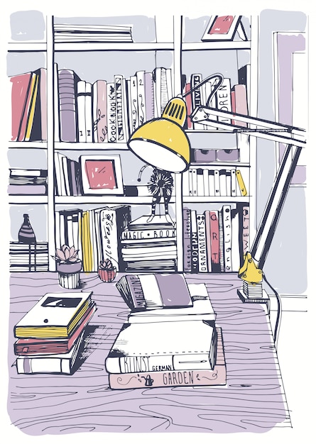 Modern interior home library, bookshelves, hand drawn colorful sketch illustration.