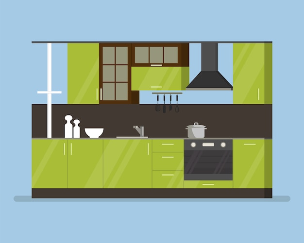 Modern interior kitchen room in green tones. Kitchen utensils and appliances. Casserole dish cups and knives. Flat isolated cartoon illustration.