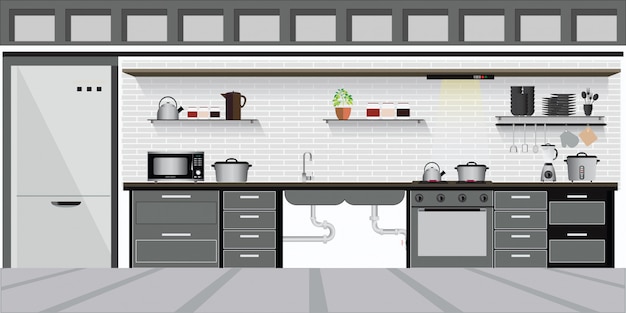 Современный интерьер кухни с кухонными полками.