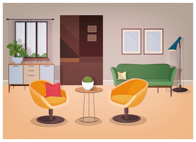 Современный интерьер гостиной полон удобной мебели и предметов интерьера - удобного дивана, кресел, журнального столика, комнатных растений, торшера, настенных рисунков. Иллюстрация в плоском стиле.