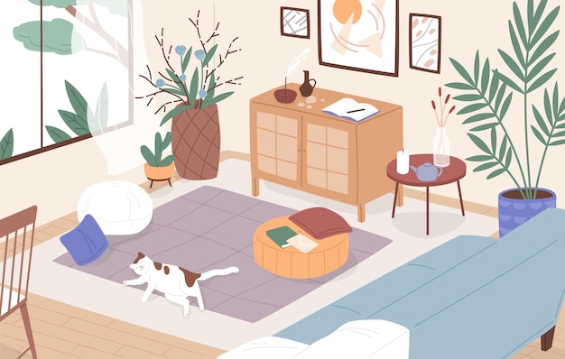 Современный интерьер гостиной. уютная меблированная квартира. спящая кошка на полу. уютная квартира с диваном, журнальным столиком, комнатными растениями в горшках и предметами интерьера. плоская векторная иллюстрация.