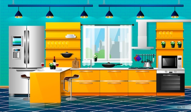 Modern interior of the orange kitchen. Vector illustration. Household kitchen appliances cabinets, shelves,gas stove, cooker hood, refrigerator, microwave, dishwasher, cookware