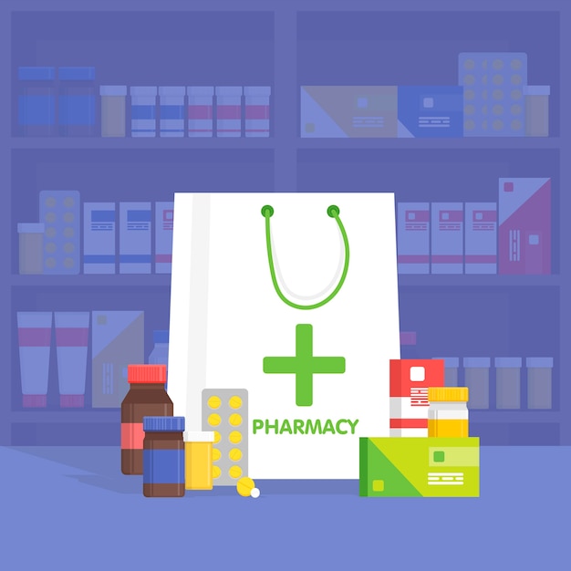 Modern interior pharmacy and drugstore. sale of vitamins and medications