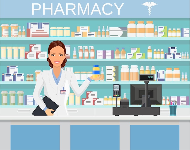 Premium Vector | Modern interior pharmacy or drugstore