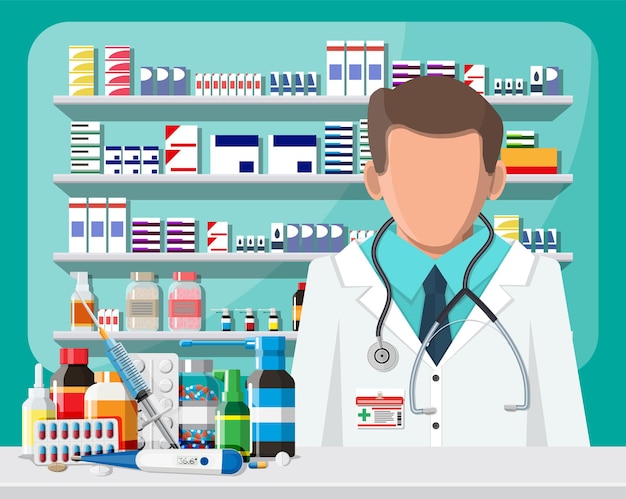 Modern interior of pharmacy and male pharmacist. medicine pills capsules bottles vitamins and tablets. drugstore showcase. shelves with medicines. medical drug, healthcare. flat vector illustration