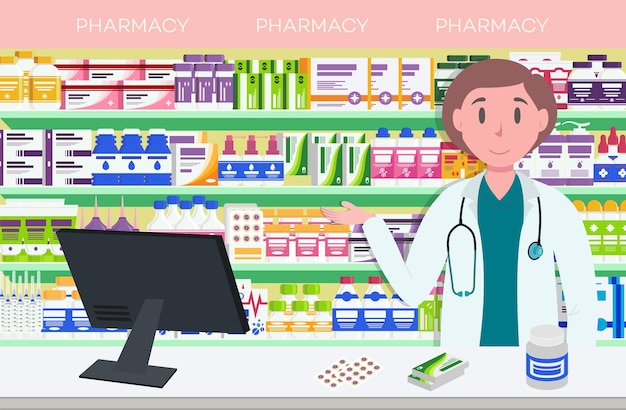 Modern interior pharmacy and women pharmacist