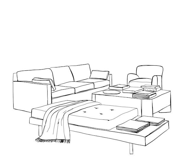 Modern interior room sketch hand drawn furniture