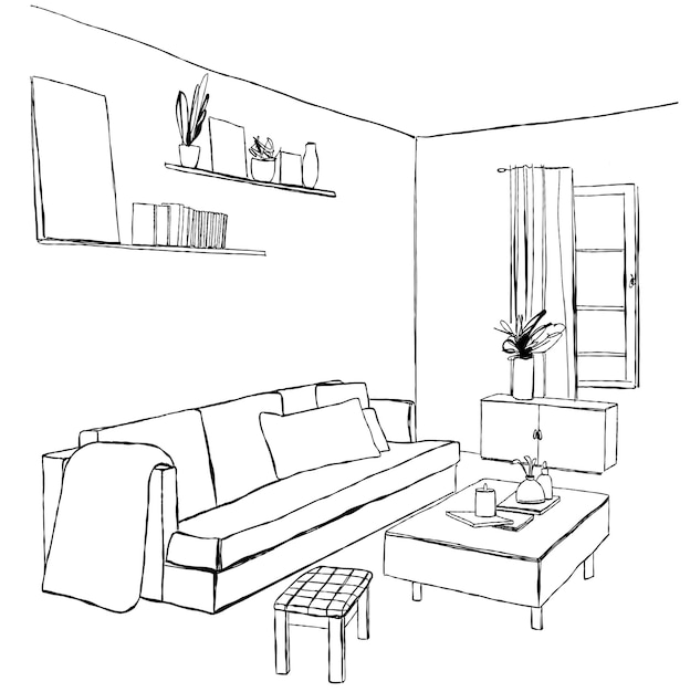 Modern interior room sketch Hand drawn furniture