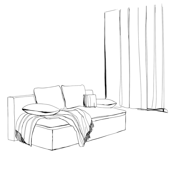 Modern interior room sketch Hand drawn sofa