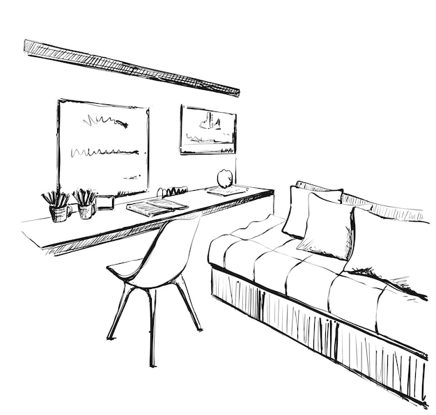 Эскиз современного интерьера Рабочее место и диван Chirds room