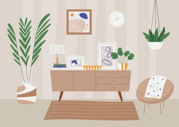 Vector modern interior with dresser, armchair and houseplants. vector illustration in flat style