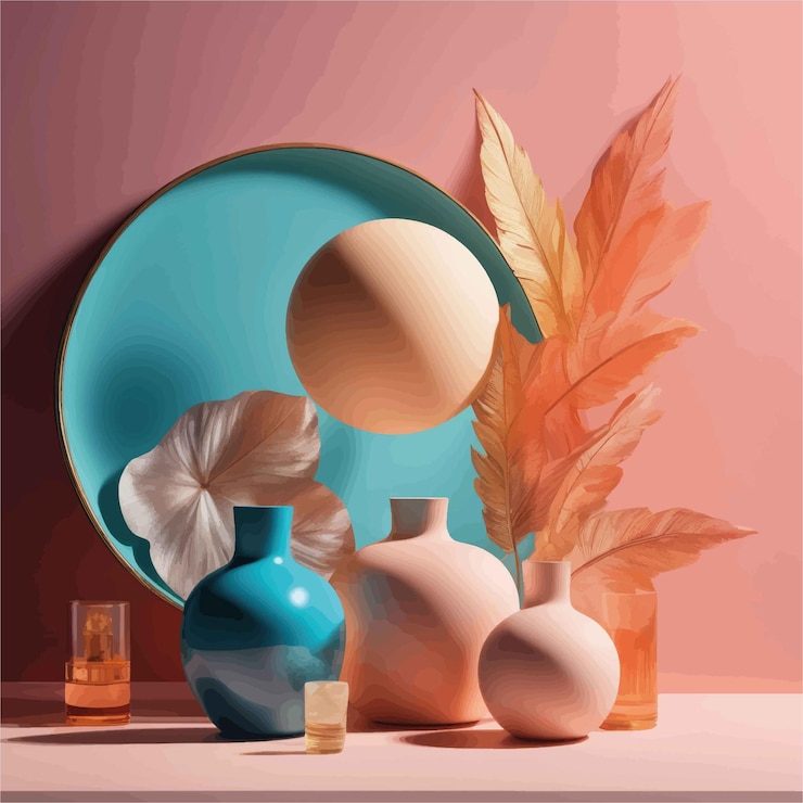 Vector 현대적인 인테리어는 꽃병과 건조한 꽃의 꽃받침, 유리병과 유리병,