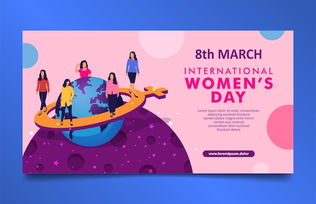 Modern International women's day horizontal banner with different women, globe, and female symbol