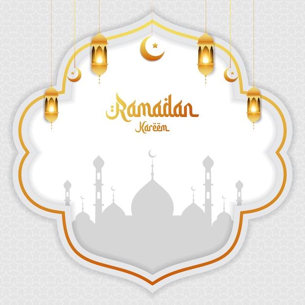 Modern islamic ramadan kareem background with mosque crescent moon lantern premium vector