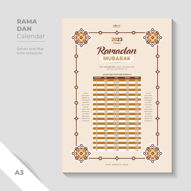 Modern islamitisch patroon ramadan kalender ontwerpsjabloon voor iftar-schema.