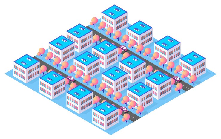 Vector modern isometric city with cars driving on the road