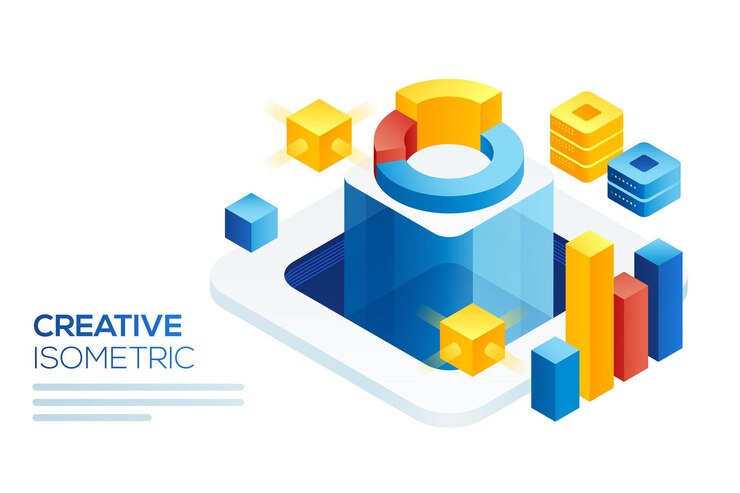 Vector modern isometric concept of big data analysis. isometric landing page template. digital information chart and statistic financial budget.