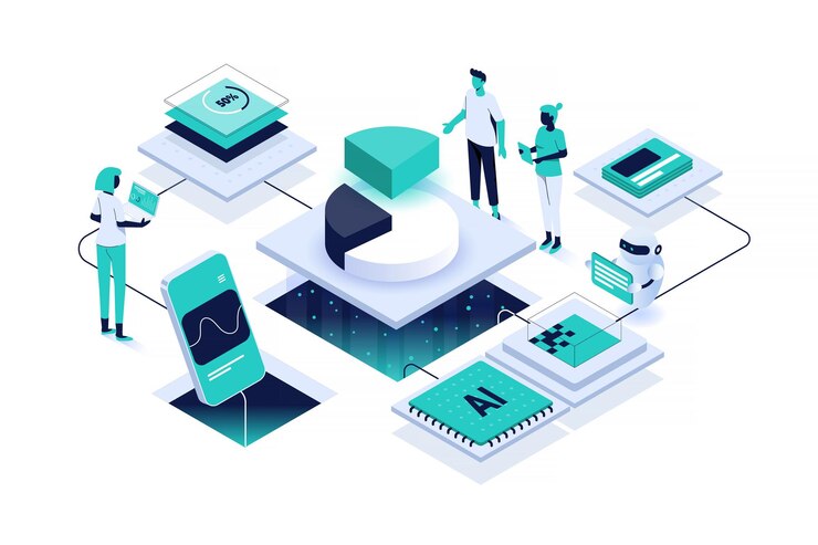 Vector modern isometric data analysis illustration ai and business intelligence visualization