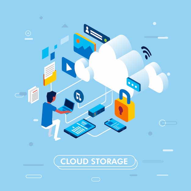 Modern isometric design of cloud storage concept, with man working on laptop accessing cloud storage, landing page or infographic vector illustration