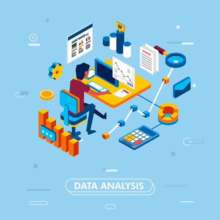 Vector modern isometric design concept of data analysis for website and mobile application.