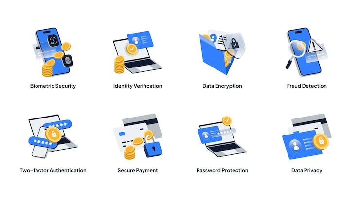 Vector modern isometric fintech icons set biometric security encryption 2fa fraud detection secure payment data privacy editable vector for app web and ui design