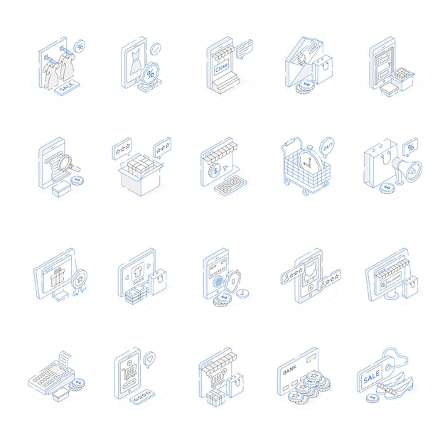 Modern isometric icons of online shopping and retail